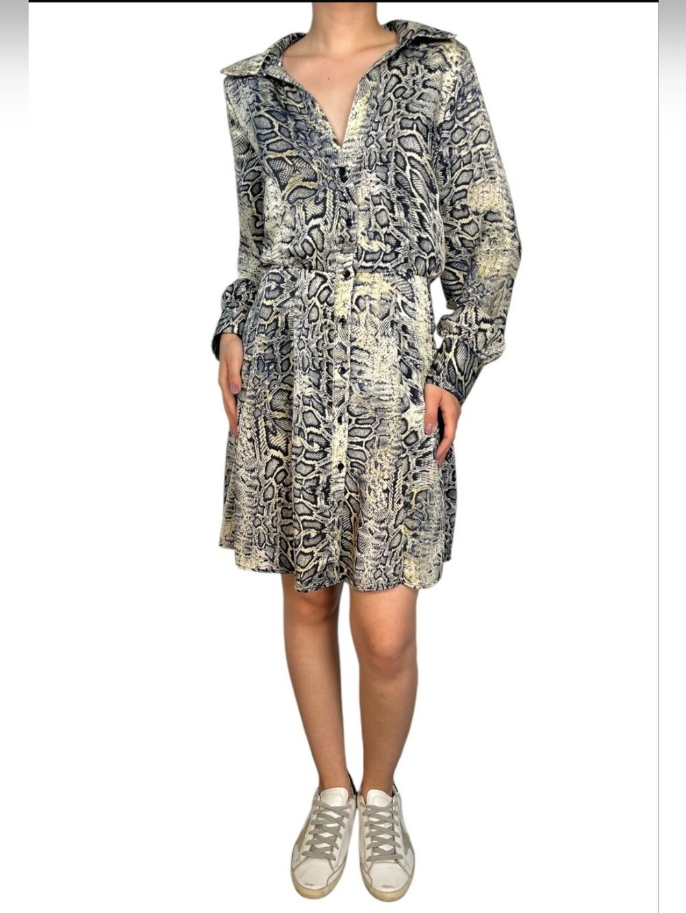 Zara Blue & Cream Snakeskin Patterned Button-Up Collared Dress Size Small
